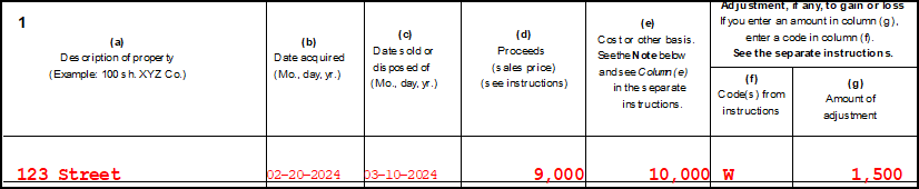 Image of a wash sale on Form 8949